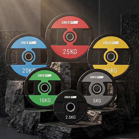 Набор дисков уретановых с хватом UNIX Fit PRO от 2,5 до 25 кг, 6 шт. Набор дисков уретановых с хватом UNIX Fit PRO от 2,5 до 25 кг, 6 шт.